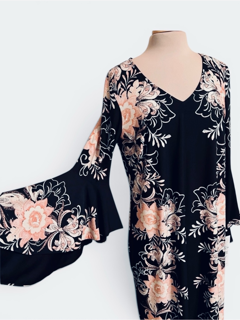 MSK Black/Pink Floral Midi Dress with Flowy Bell Sleeves - Picture 5 of 8